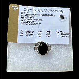 Black spinel & white topaz sterling silver ring